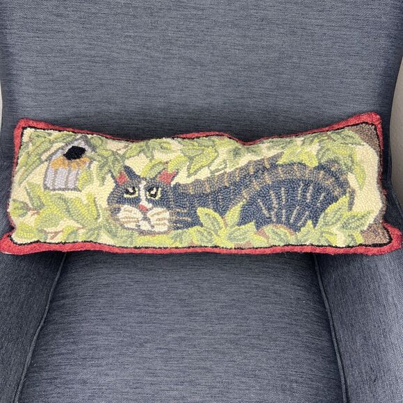 Hooked Wool Lumbar Pillow Folk Art Cat Birdhouse 23.5” X 8” Cottagecore READ - Picture 1 of 9